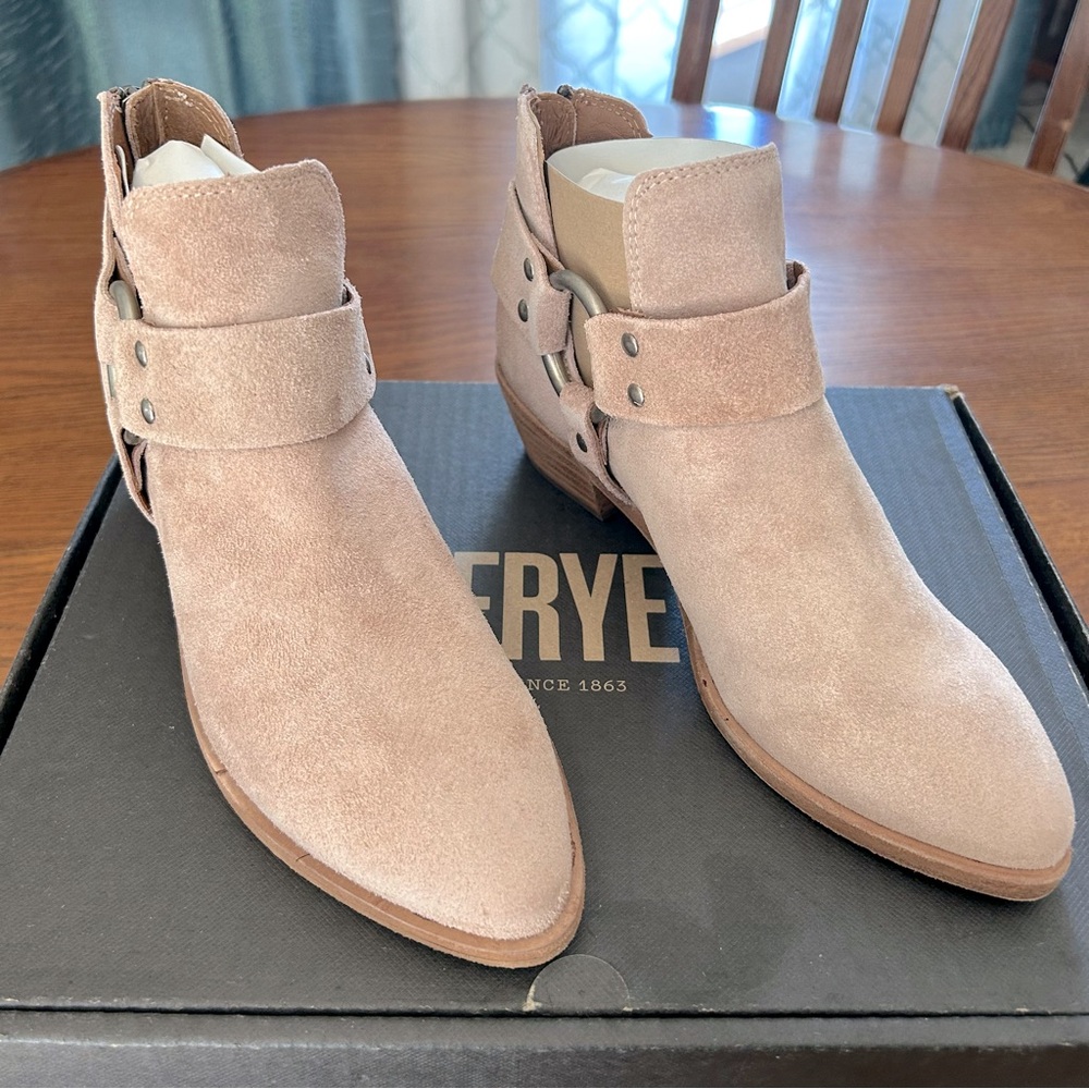 FRYE Suede Ray Harness Back Zip Ankle Boots.